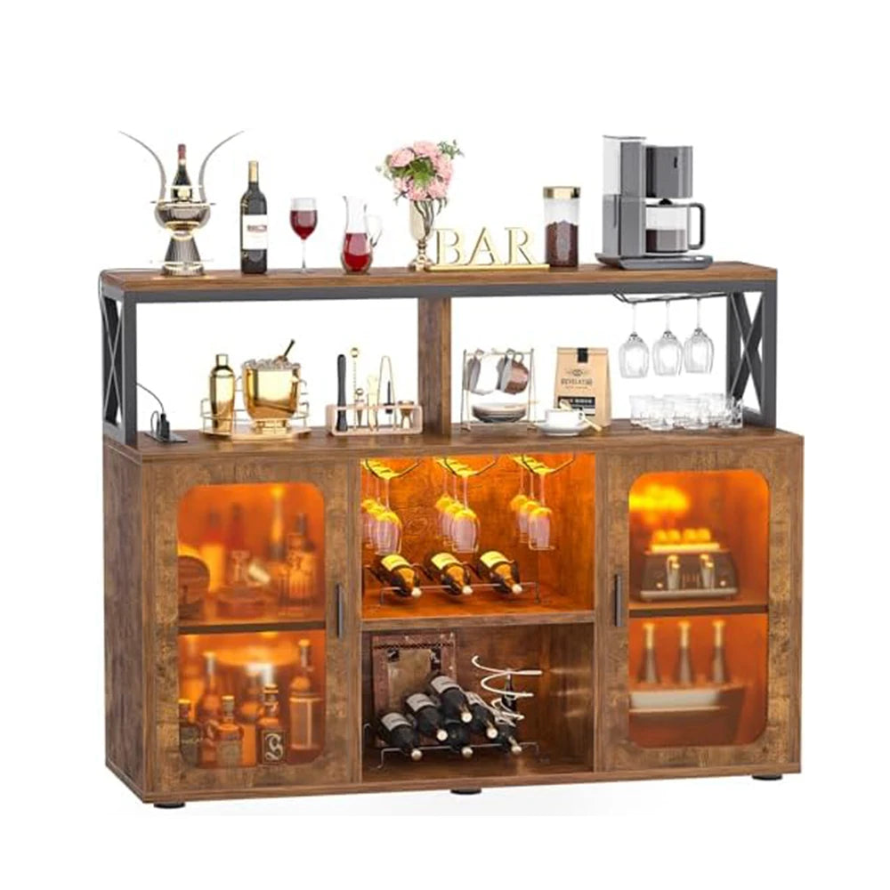 Wine Bar Cabinet with Wine Rack Glass Holder Coffee Bar Storage Cabinet with LED Lights for Home Kitchen Living Room Dining Room