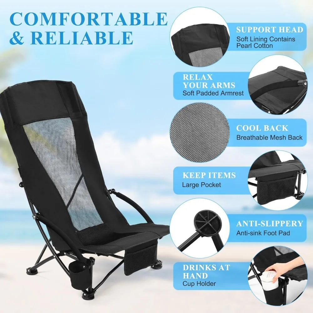 4 Pack Beach Chair for Adult High Back Low Beach Chair Bulk Portable Folding Camping Chairs Lightweight Sand Chairs with Cup Hol