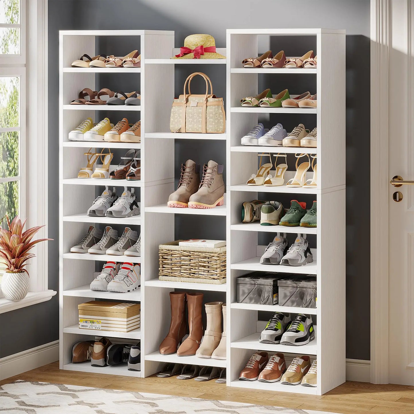 Tribesigns 14 Tier Shoe Rack Freestanding Tall Shoe Shelf White Wooden Shoe Storage Cabinet with 22 Open Cubbies 46 Pairs Wide