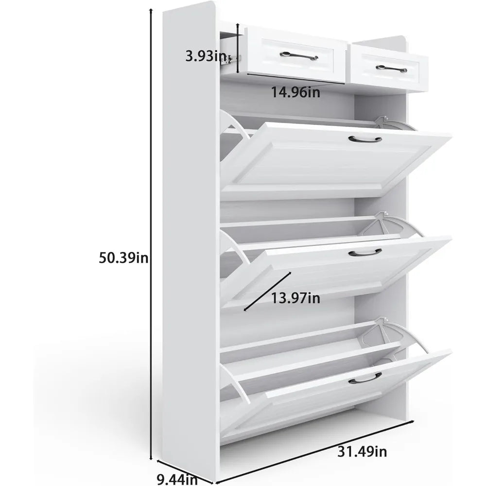 Shoe Storage Cabinet with 3 Flip & 2 Drawers - Holds 18-25 Pairs, White Wood PVC Door Design for Entryway & Hallway