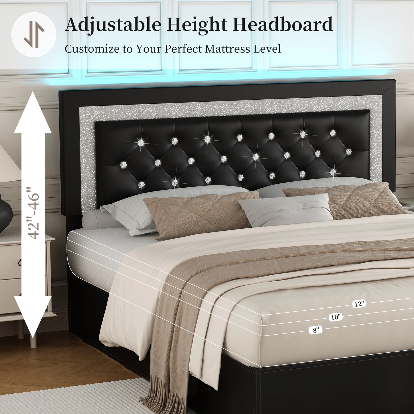 SIBEDS Queen Bed Frame With LED Lights And Adjustable Headboard Wood Slats