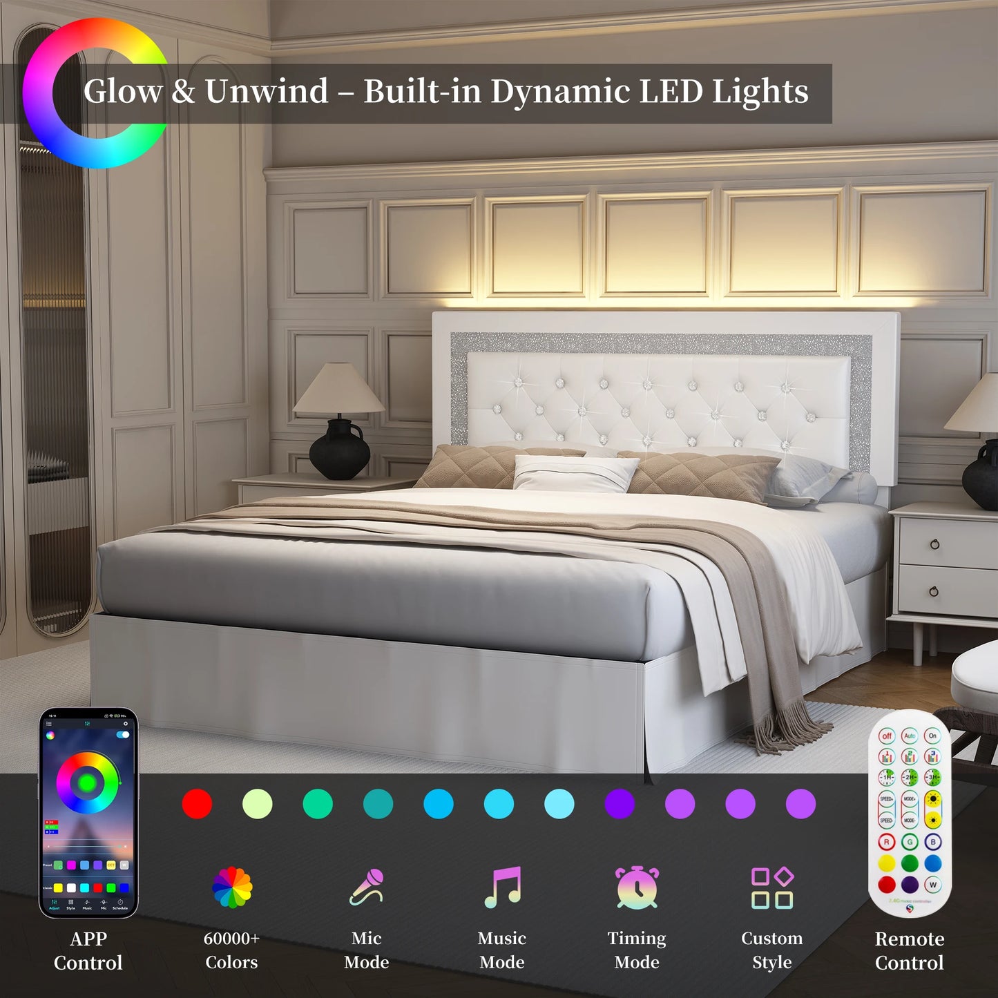 SIBEDS Queen Bed Frame With LED Lights And Adjustable Headboard Wood Slats