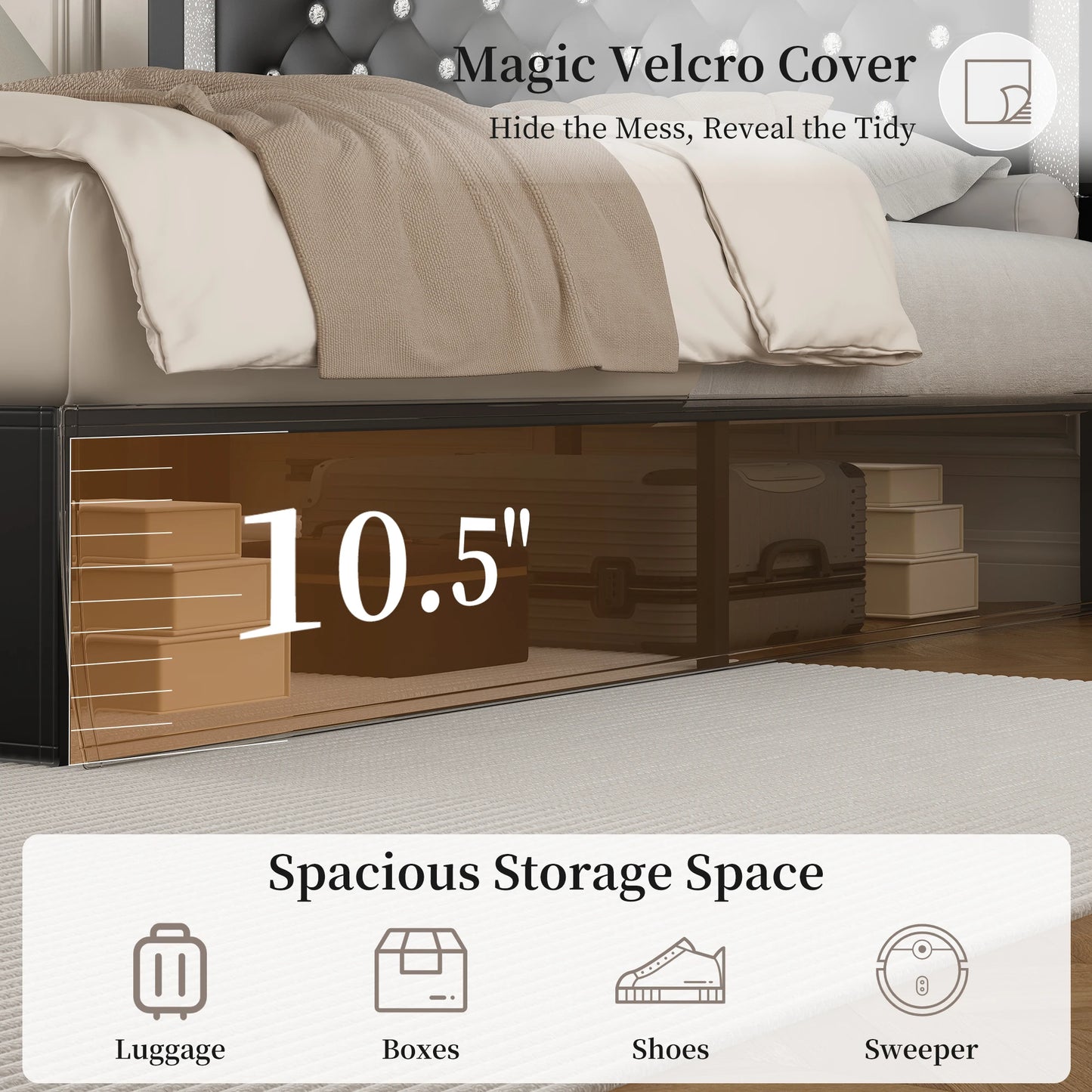 SIBEDS Queen Bed Frame With LED Lights And Adjustable Headboard Wood Slats