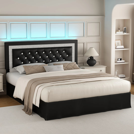 SIBEDS Queen Bed Frame With LED Lights And Adjustable Headboard Wood Slats