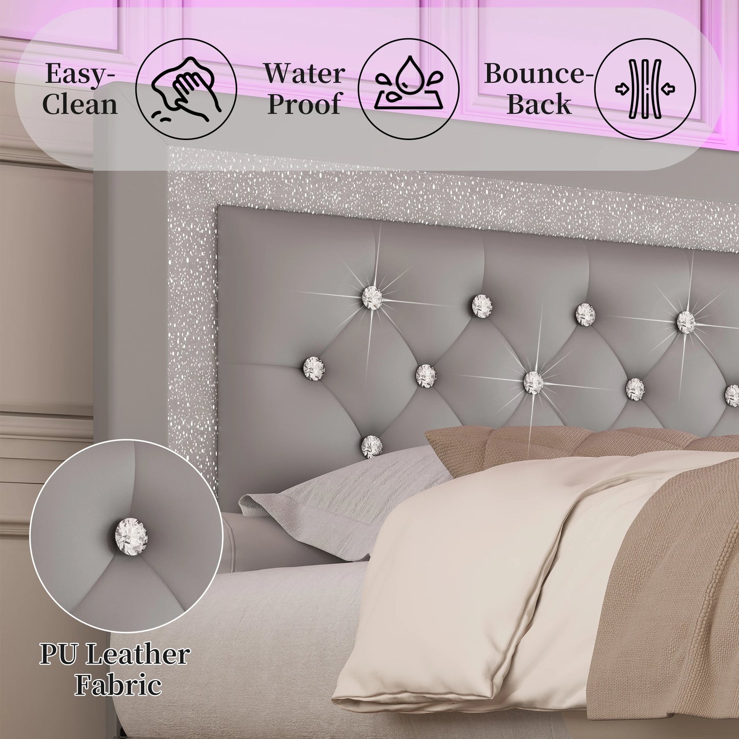 SIBEDS Queen Bed Frame With LED Lights And Adjustable Headboard Wood Slats