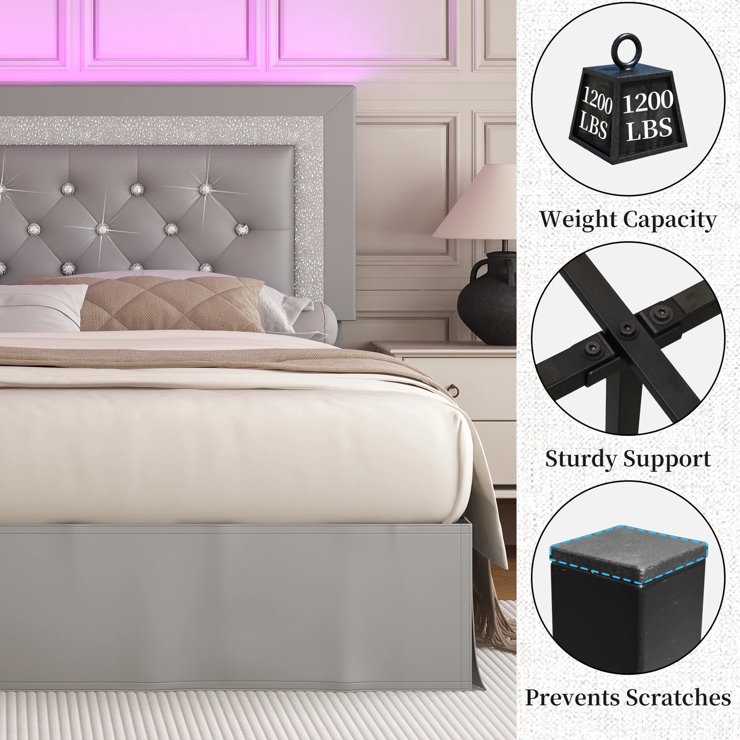 SIBEDS Queen Bed Frame With LED Lights And Adjustable Headboard Wood Slats