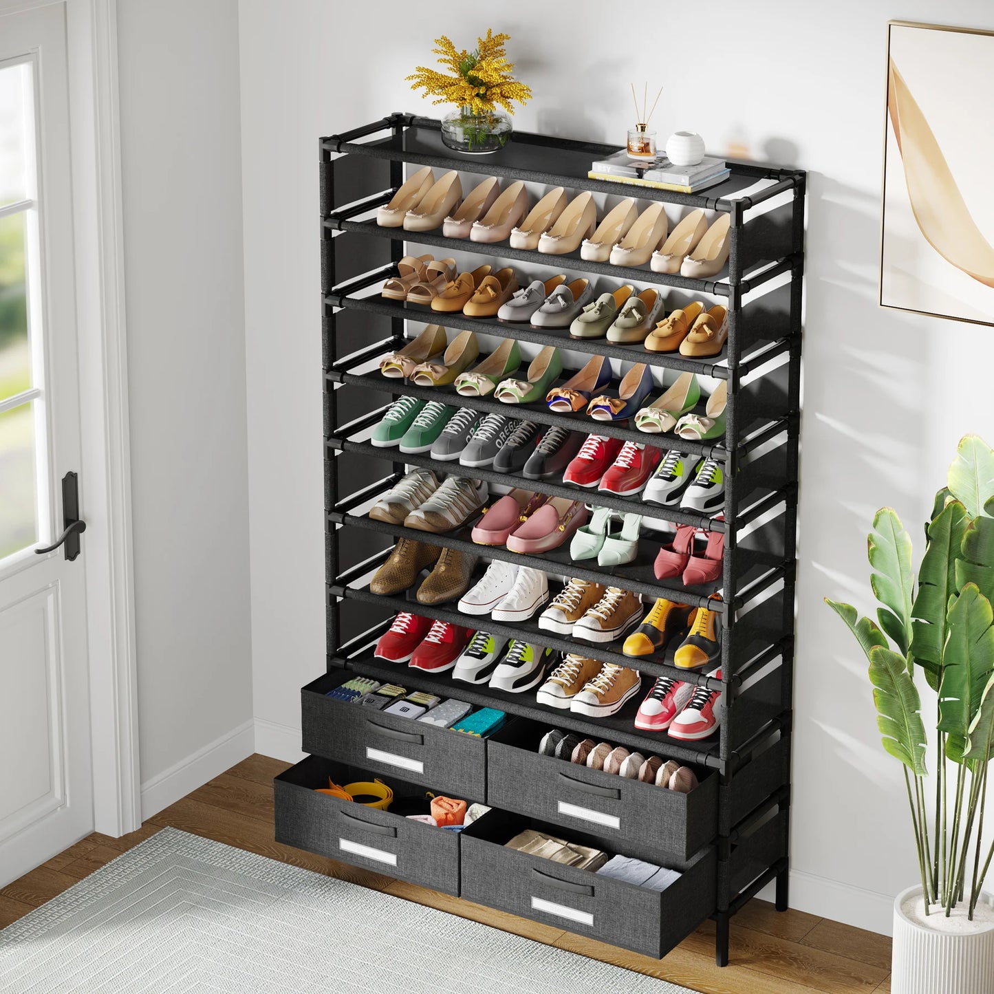 Tribesigns 10 Tier Shoe Rack Organizer With 4 Bins Drawers