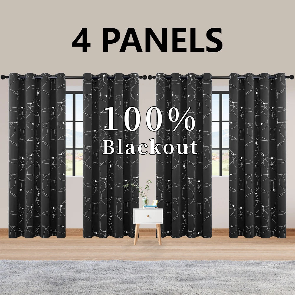 4 Pack Blackout Curtains Grommet Insulated Room Darkening Foil Print Bedroom