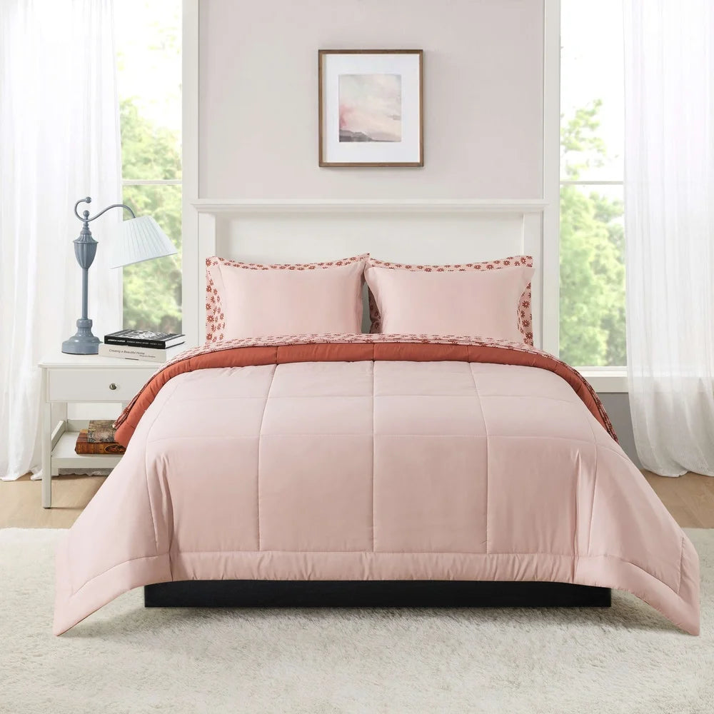 7 Piece Reversible Comforter Set King Pink Bedding