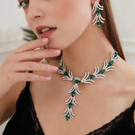 StoneFans 3PC Rhinestone Green Crystal Necklace Set Women