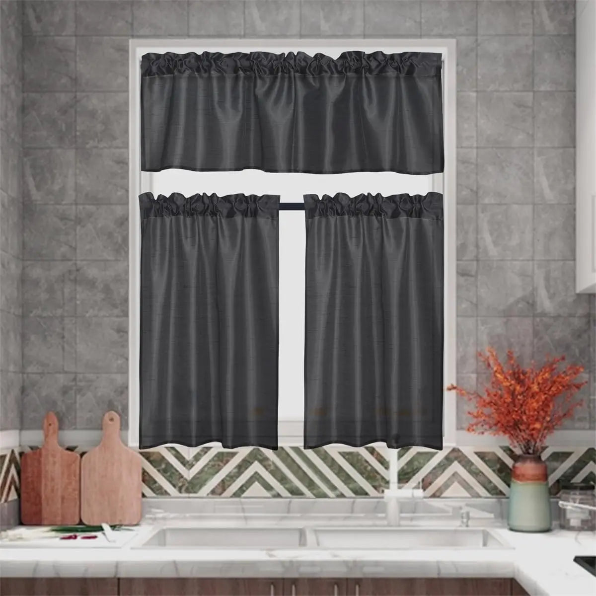3 Panels Gold Rod Pocket Faux Silk Sheer Curtains With 2 Tiers 26x36 Each And 1 Valance 52x14 For Kitchen And Bathroom