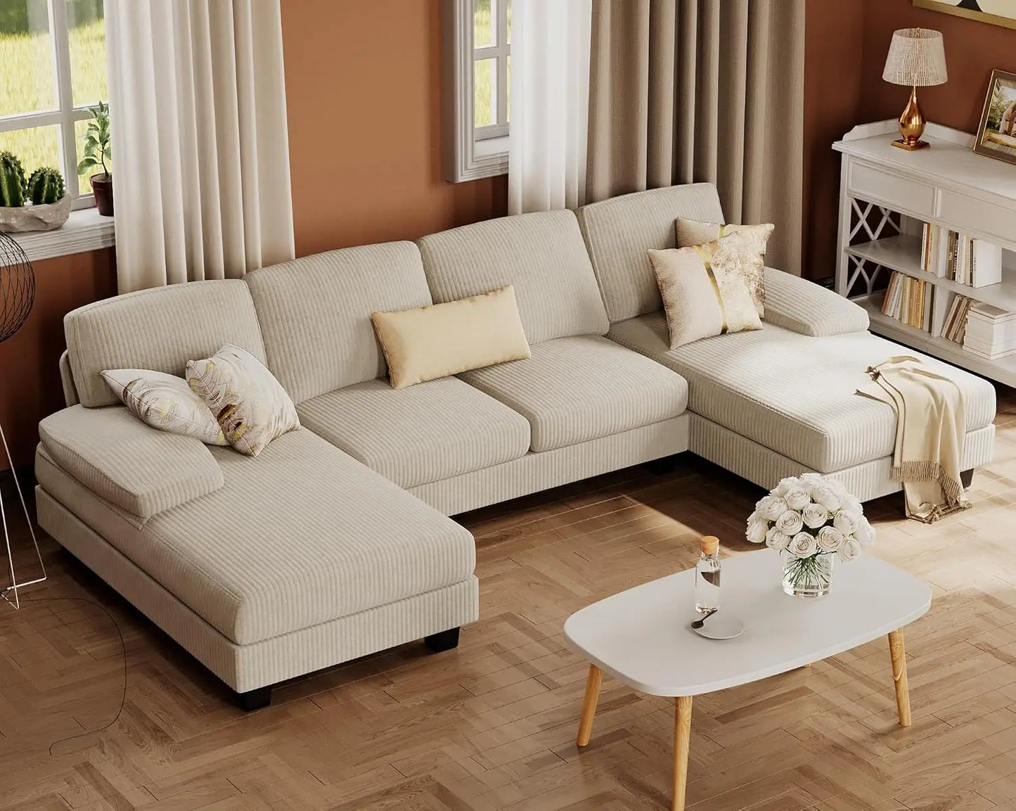 U Shaped Linen Sectional Sofa For Living Room 4 Seat Couch With Double Chaise