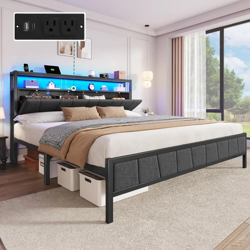 YITAHOME Queen Bed Frame With Storage Headboard LED Platform Bed With Charging