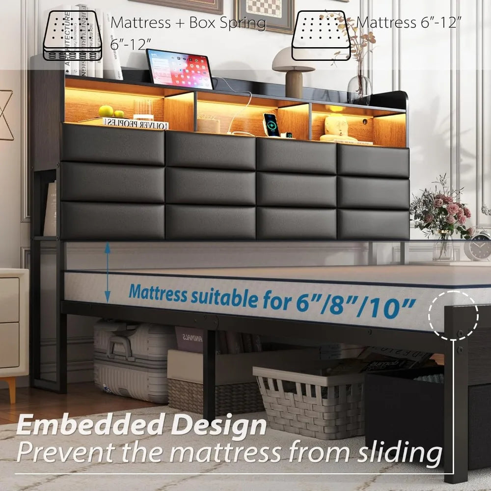 Full Upholstered Bed Frame With Storage Headboard Black 4 Drawers LED Charging