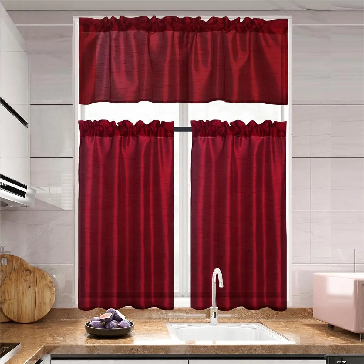 3 Panels Gold Rod Pocket Faux Silk Sheer Curtains With 2 Tiers 26x36 Each And 1 Valance 52x14 For Kitchen And Bathroom