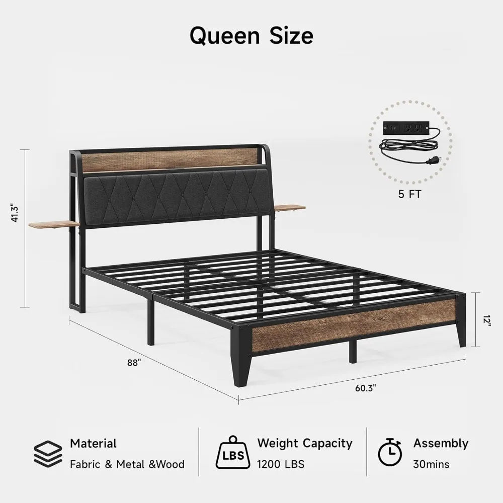 Queen Bed Frame With Ergonomic Upholstered Headboard And Charging Station
