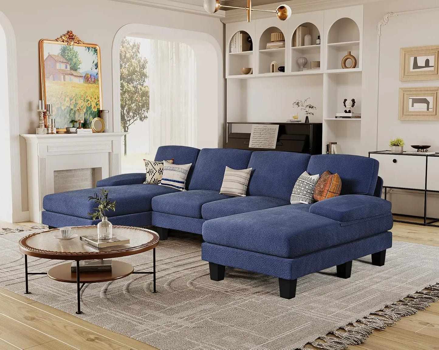 Linen Fabric Sectional Sofa Set U Shaped With Double Chaise 4 Seats Customized
