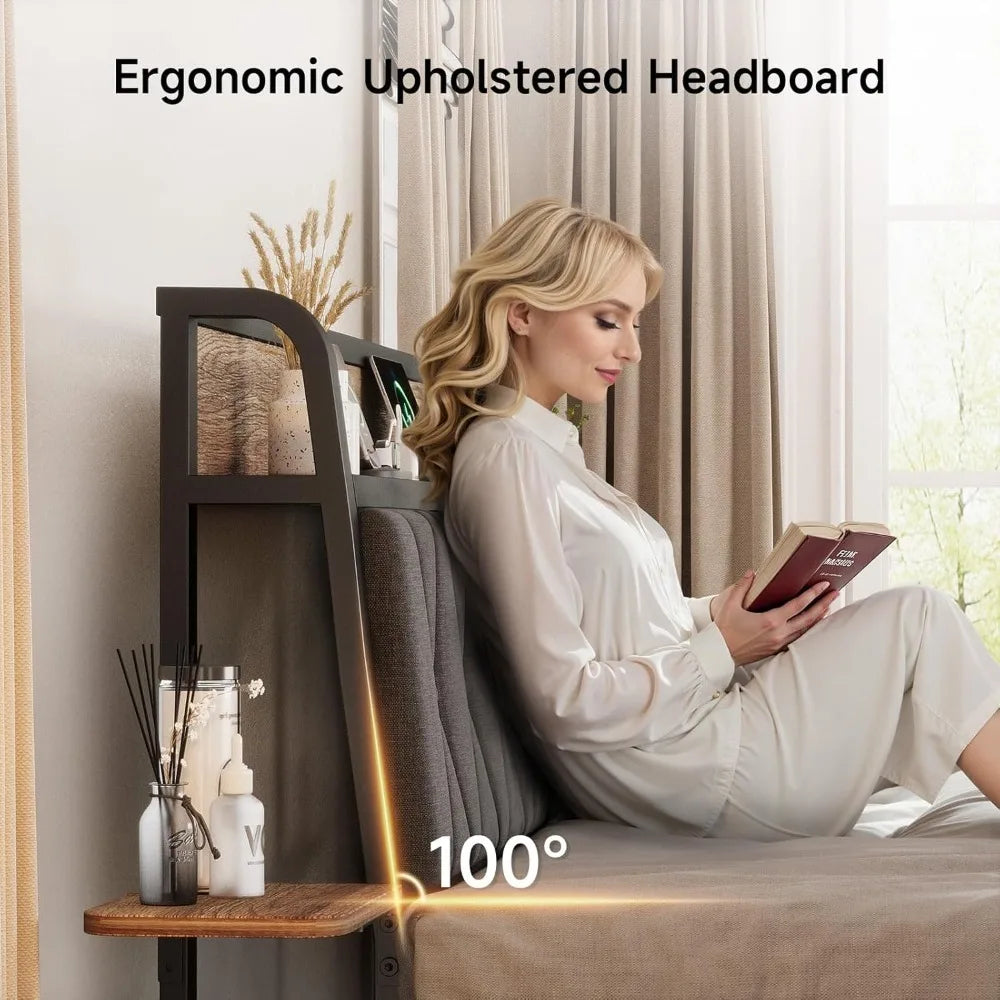 Queen Bed Frame With Ergonomic Upholstered Headboard And Charging Station