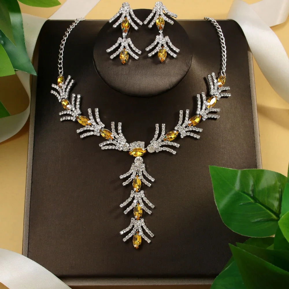 StoneFans 3Pc Green Rhinestone Necklace Set For Women Gifts