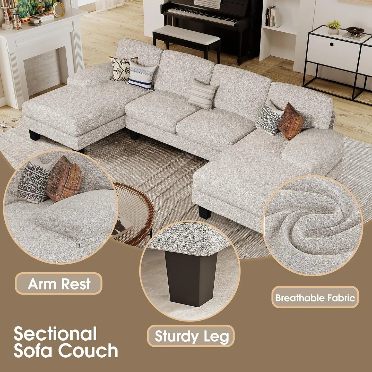 Linen Fabric Sectional Sofa Set U Shaped With Double Chaise 4 Seats Customized