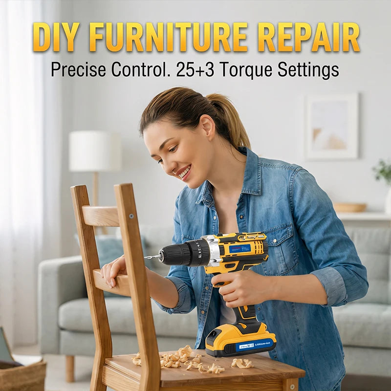 21V Electric Screwdriver Cordless Drill Set Yellow Home DIY Tool Kit