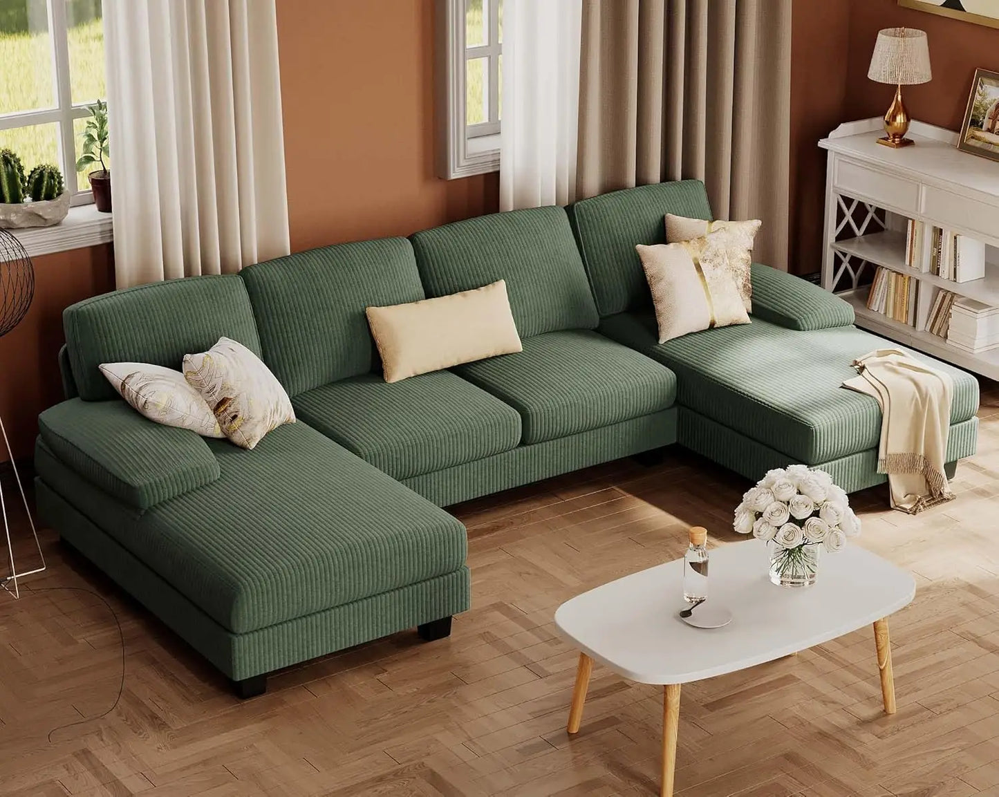 U Shaped Linen Sectional Sofa For Living Room 4 Seat Couch With Double Chaise