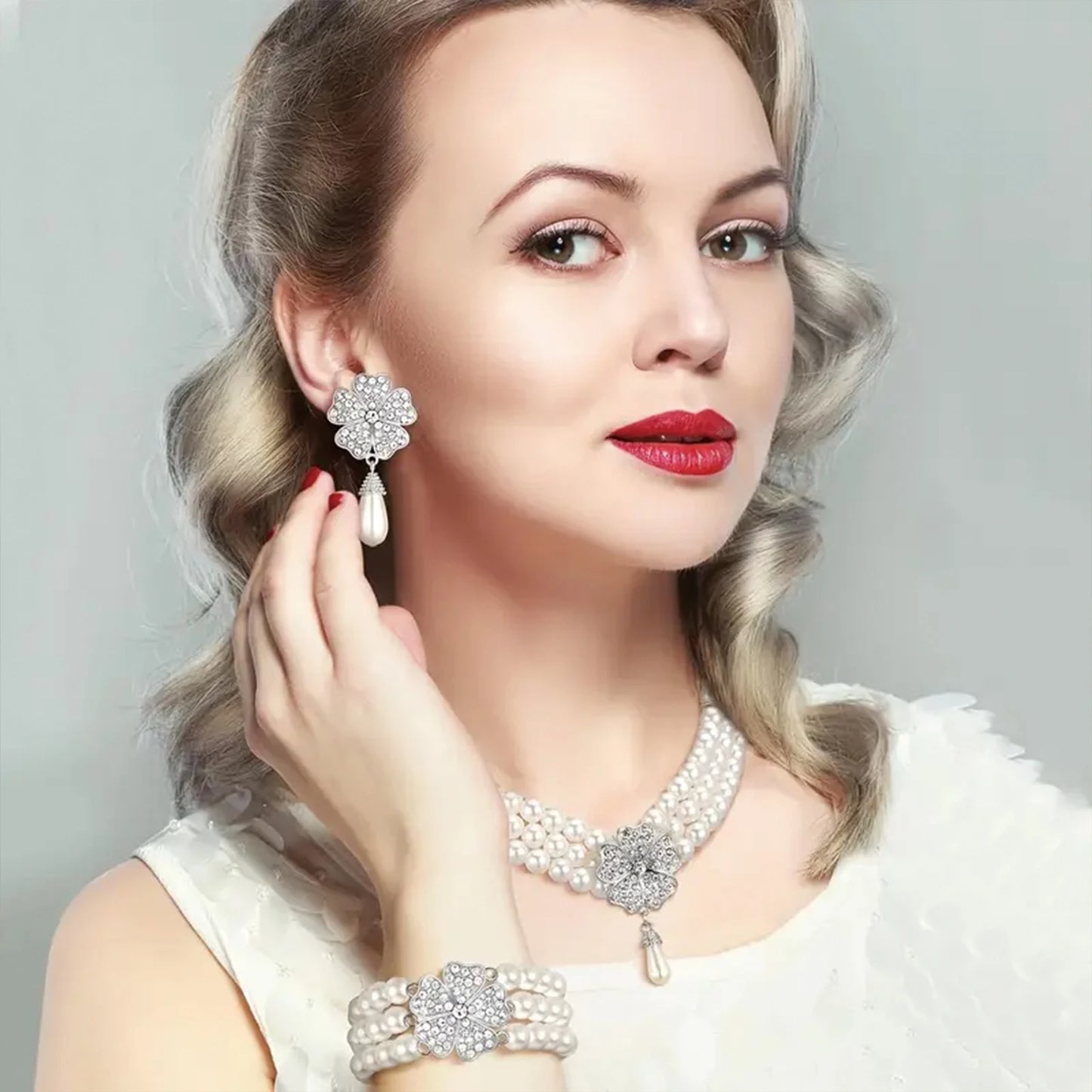 925 Silver Pearl Jewelry Set Necklace Earrings Bracelet