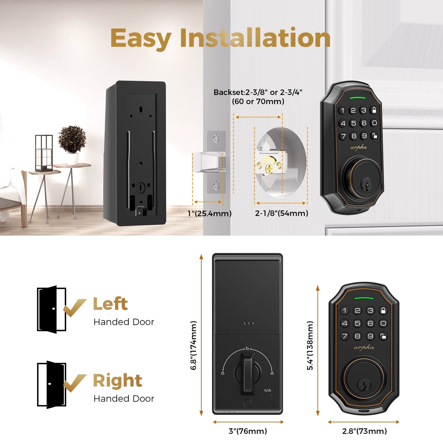 Arpha Smart Door Lock Keyless Entry D180 With 100 Code 16 Digit Anti Peeping Password Electronic Deadbolt WiFi
