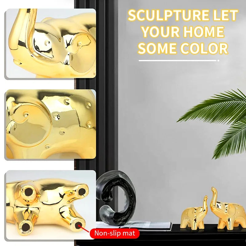 Pair Ceramic Elephant Statues Desktop Decor Wealth Gift