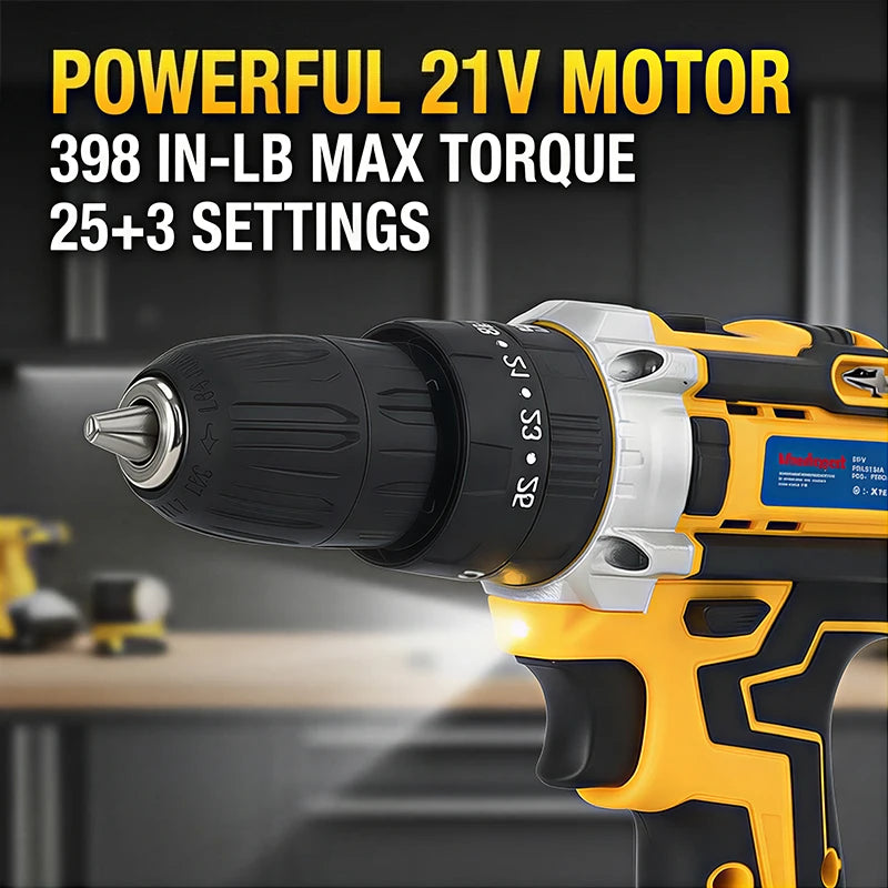 21V Electric Screwdriver Cordless Drill Set Yellow Home DIY Tool Kit