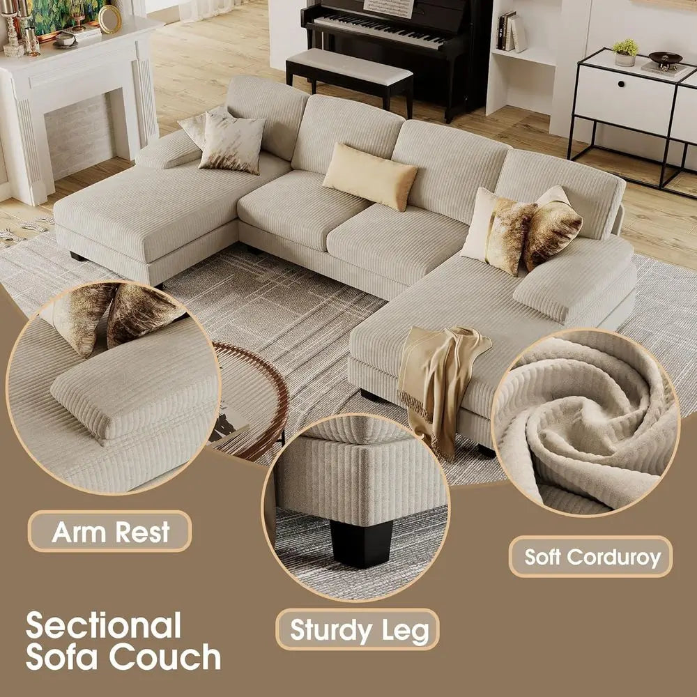 U Shaped Sectional Sofa With Linen Fabric 4 Seat Couch And Double Chaise
