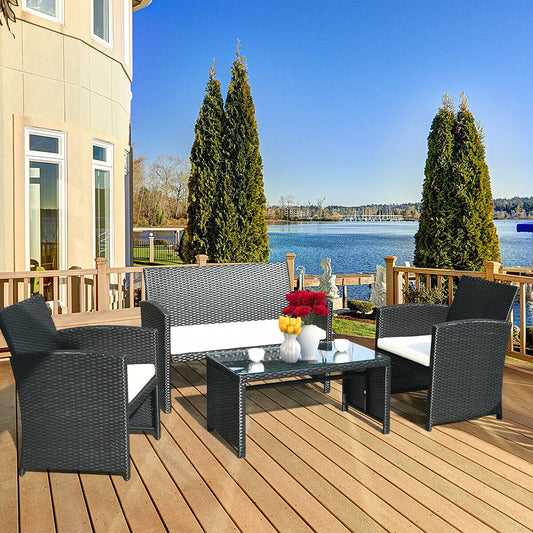 4 Piece Cushioned Patio Rattan Furniture Conversation Set Black Garden Sofa Table