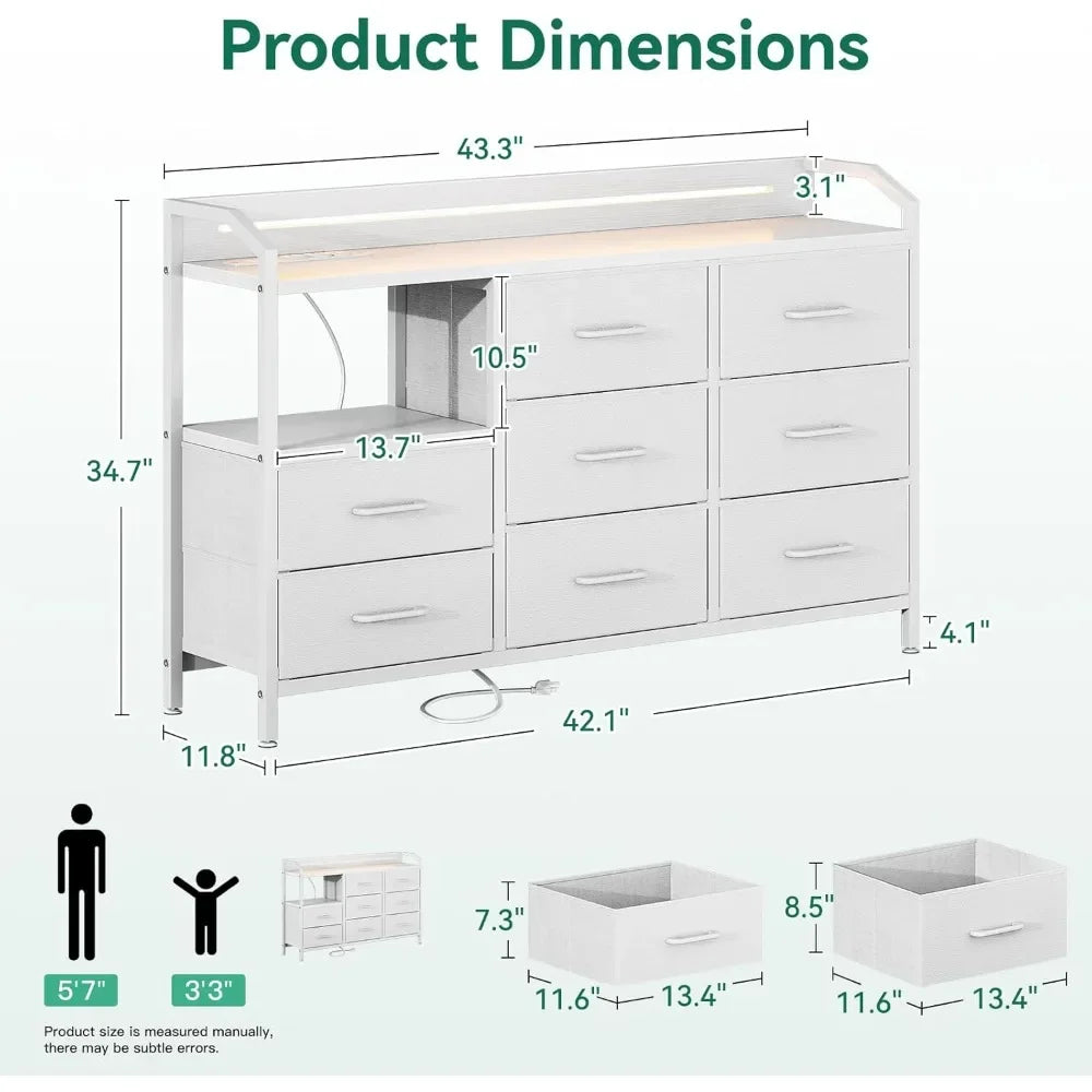 White Dresser With Light Strip And Power Outlet 8 Drawers
