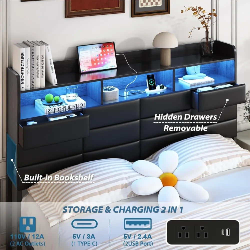Full Upholstered Bed Frame With Storage Headboard Black 4 Drawers LED Charging