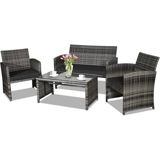 4 Piece Rattan Patio Furniture Set Outdoor Wicker Conversation Sofa with Weather Resistant Cushions and Tempered Glass Tabletop