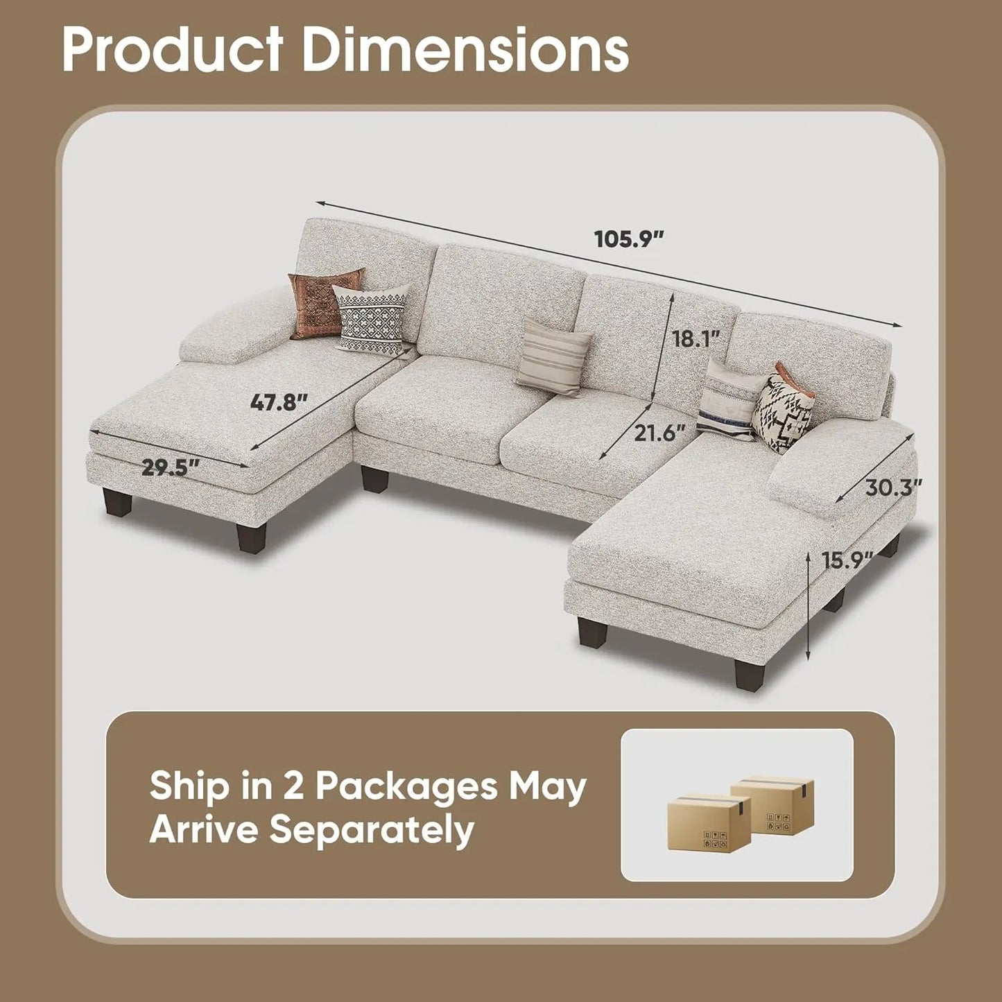 U Shaped Linen Sectional Sofa For Living Room 4 Seat Couch With Double Chaise
