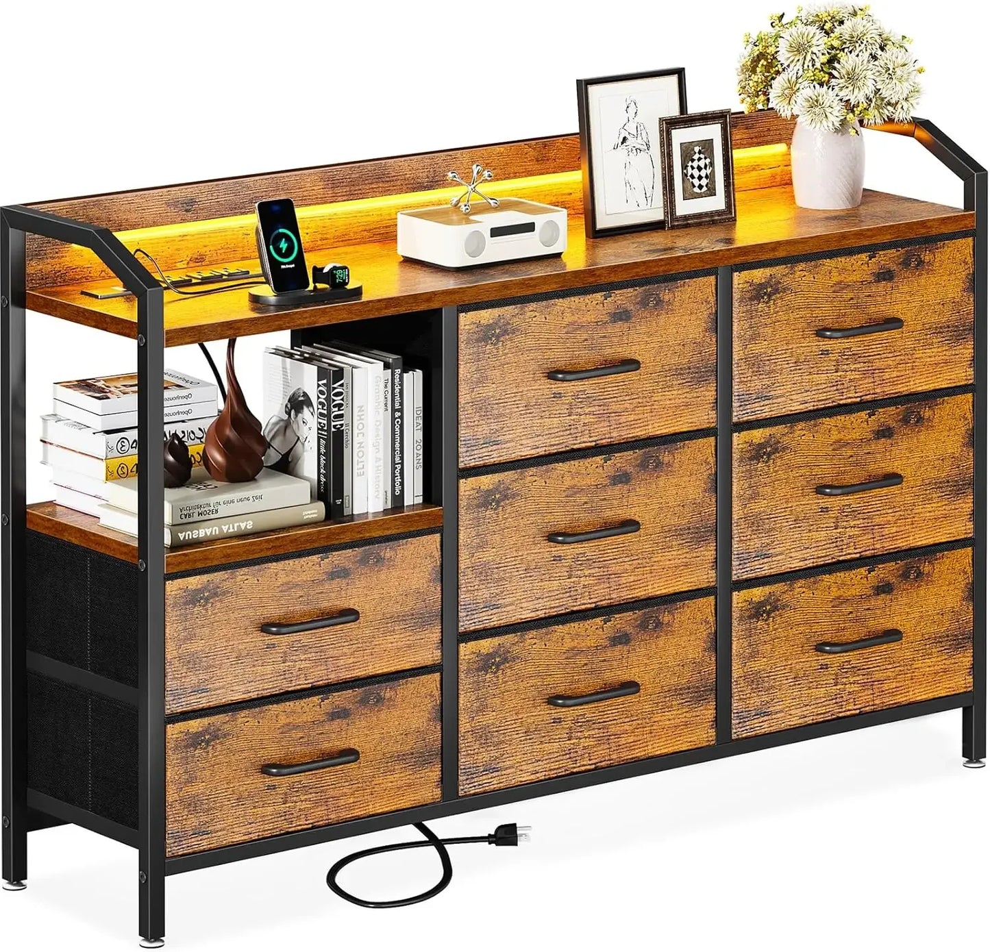 White Dresser With Light Strip And Power Outlet 8 Drawers