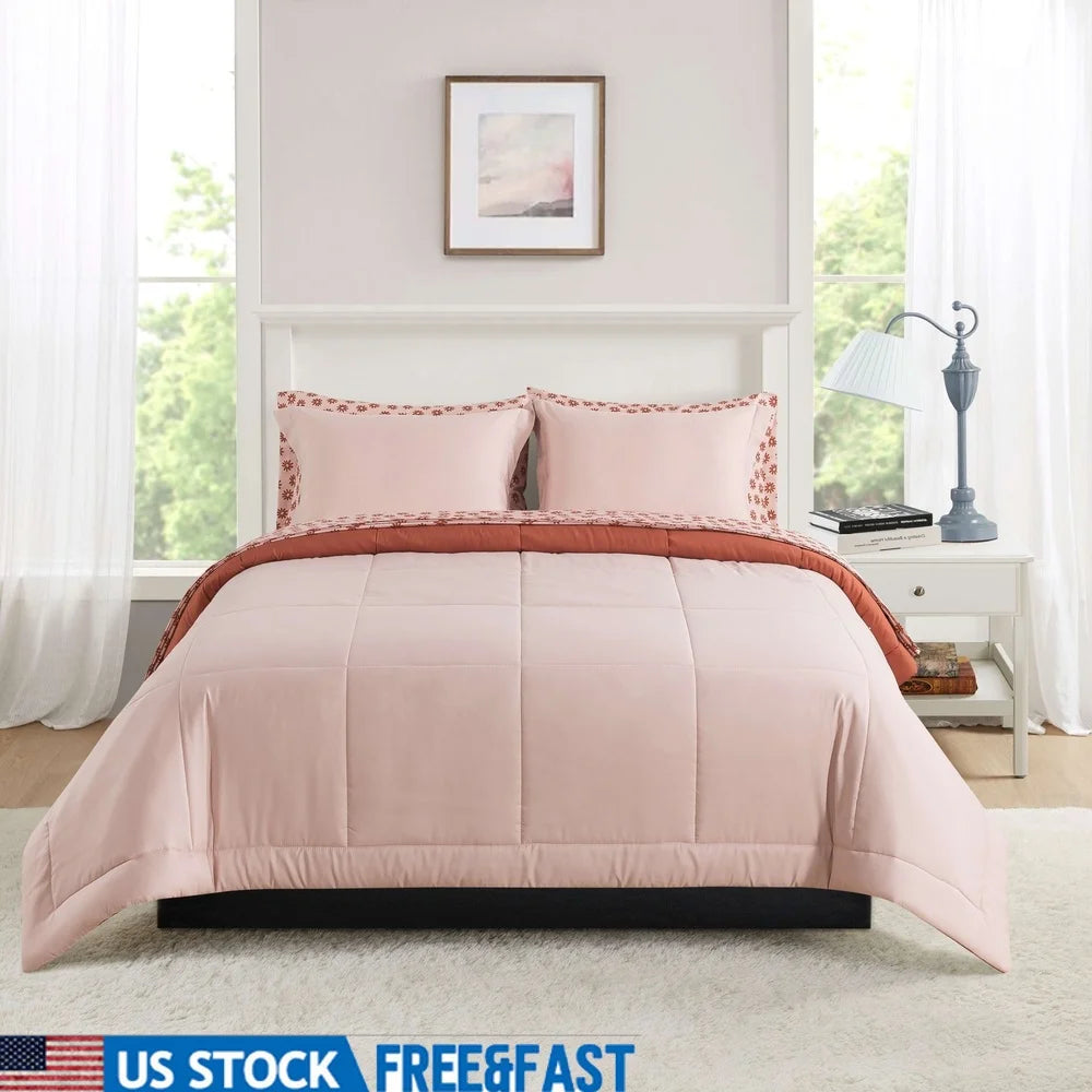 7 Piece Reversible Comforter Set King Pink Bedding