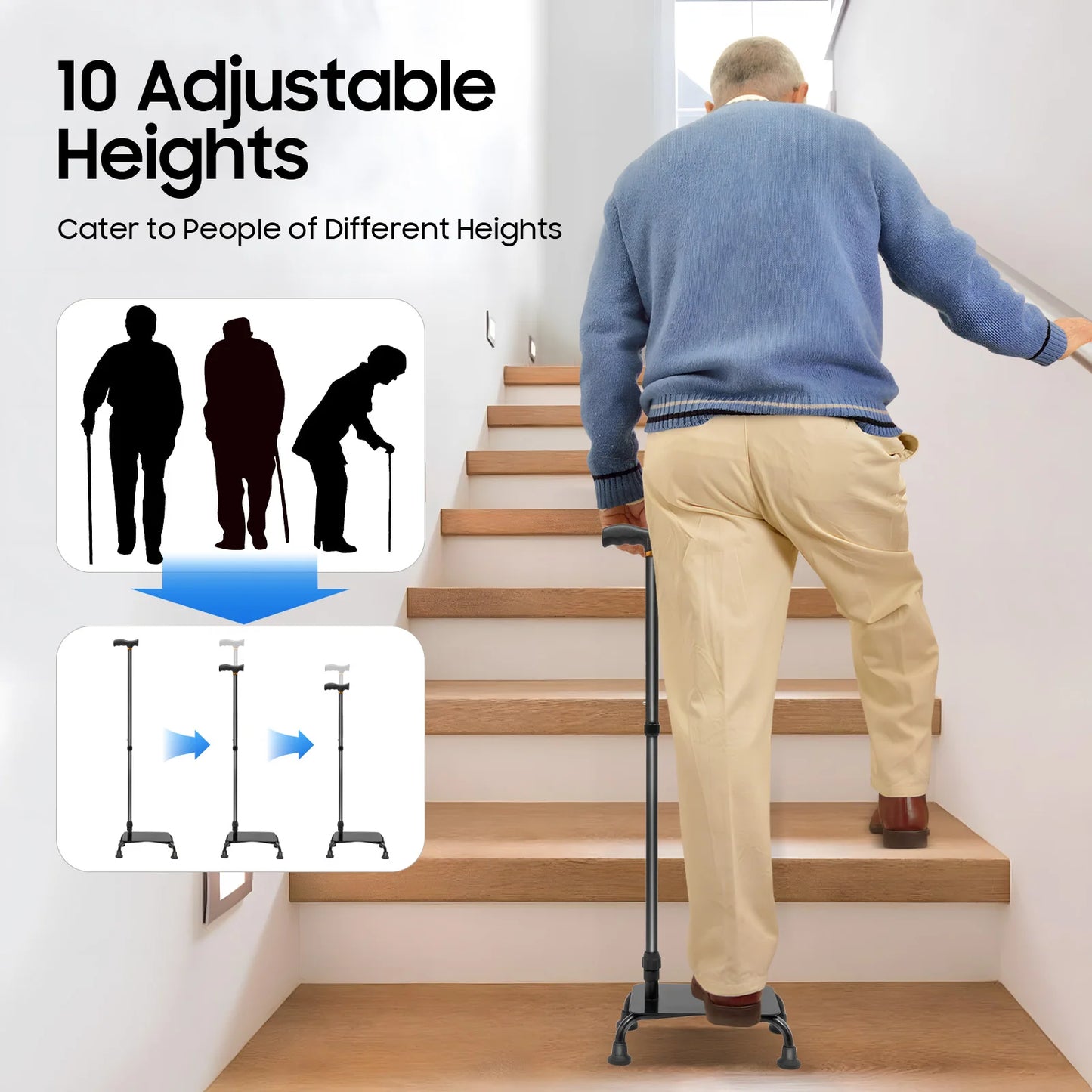 Stair Lift Adjustable Walking Cane With Four Legged Base