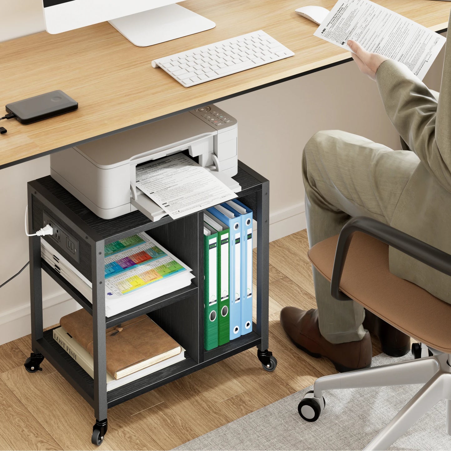 Under Desk Printer Stand With Power Outlets And USB Ports