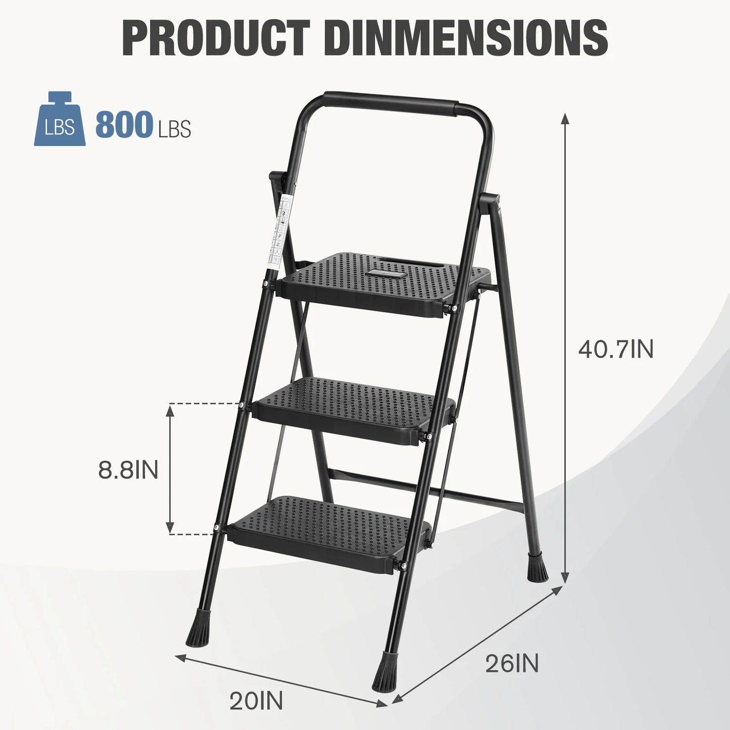 JHK Folding 2/3 Step Ladder Stool with Anti Slip Pedal 800 Pounds Capacity Sturdy Steel Portable Cushioned Handle for Kitchen Home