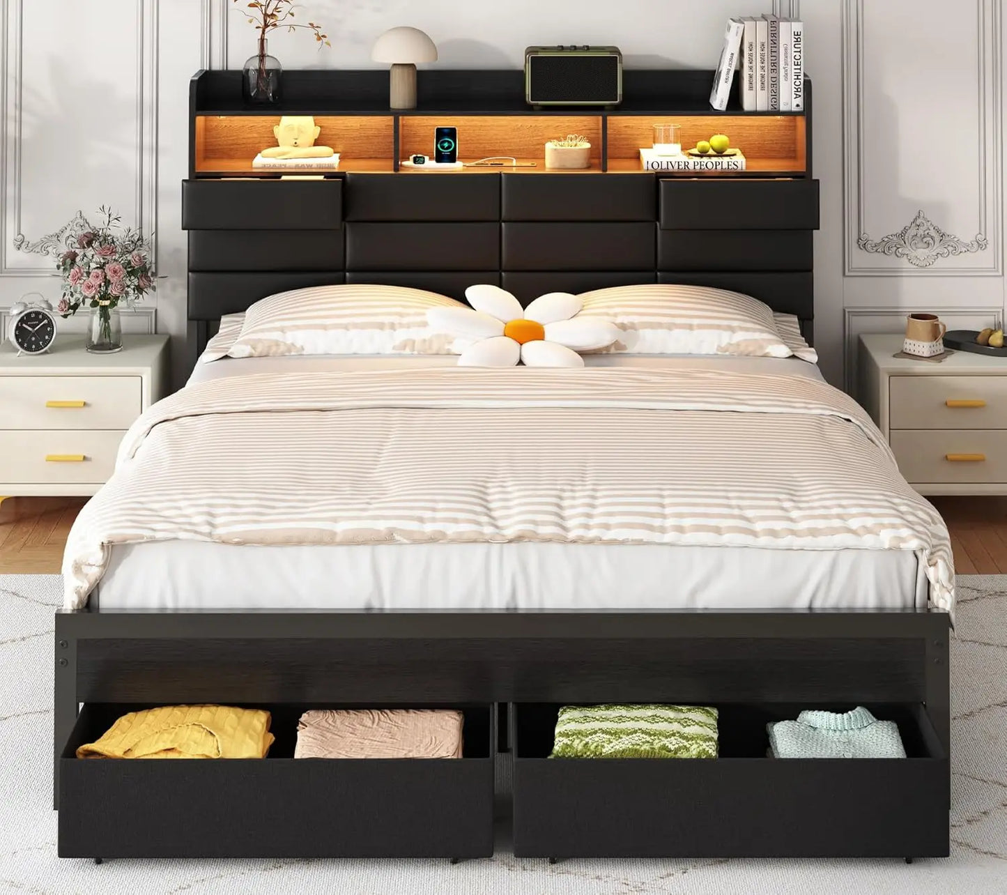 Full Upholstered Bed Frame With Storage Headboard Black 4 Drawers LED Charging