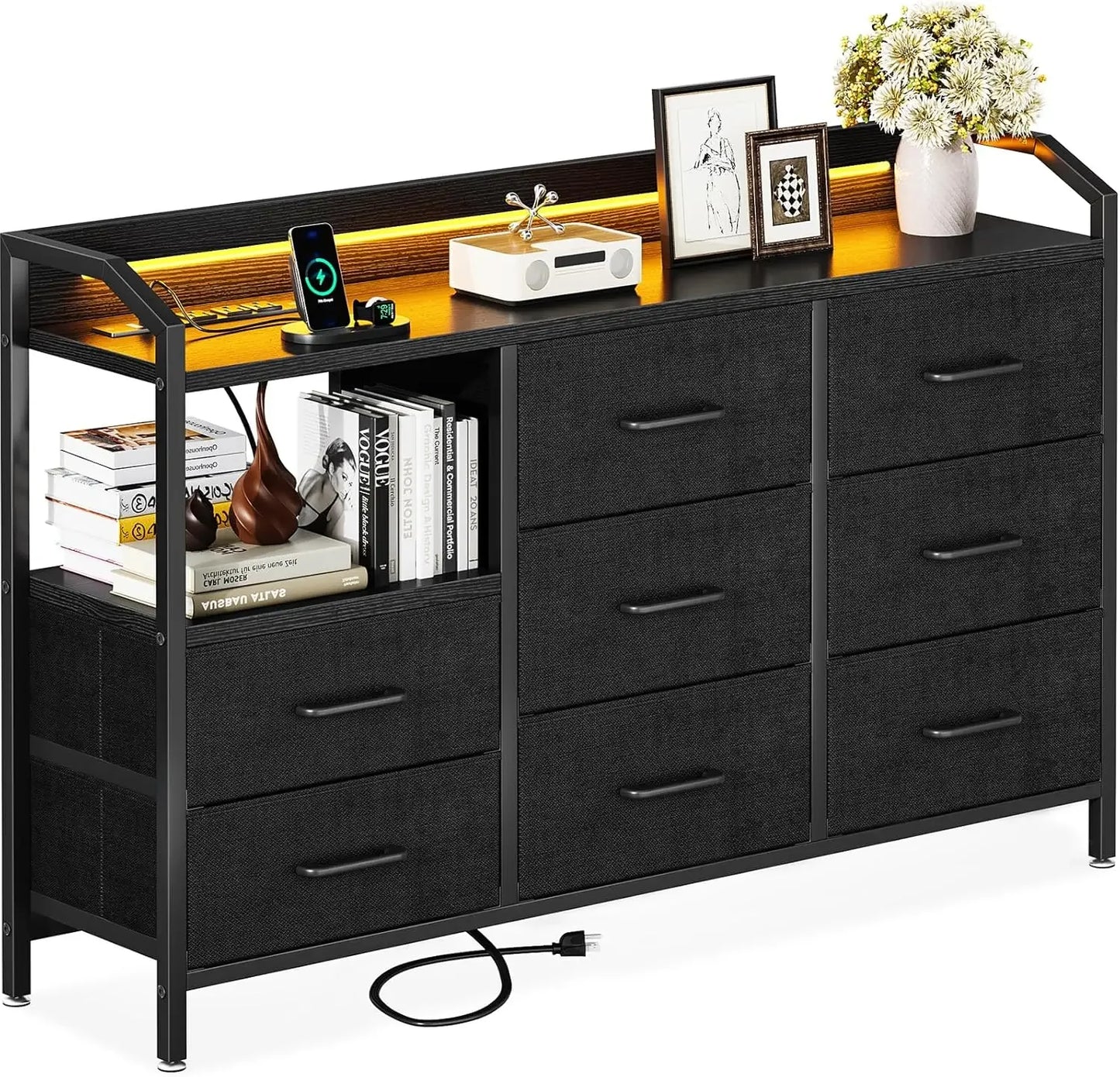 White Dresser With Light Strip And Power Outlet 8 Drawers