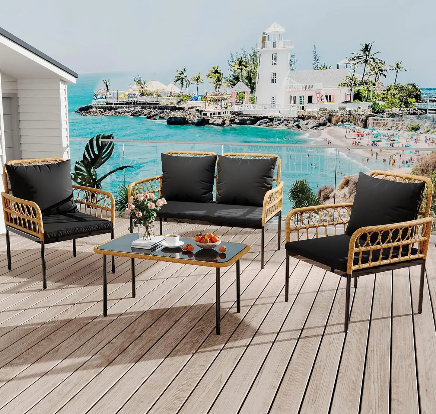 Outdoor Wicker 4-Piece Patio Set With L-Shaped Sectional