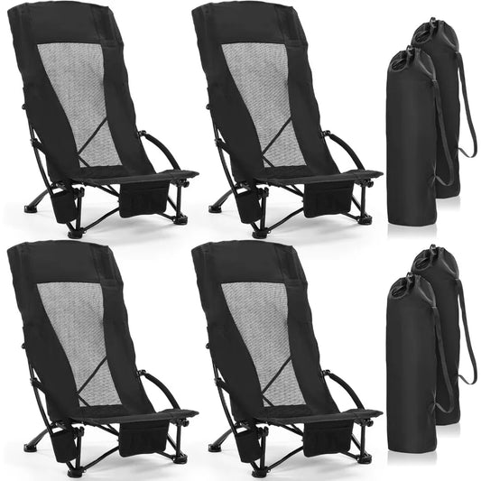4 Pack Beach Chair for Adult High Back Low Beach Chair Bulk Portable Folding Camping Chairs Lightweight Sand Chairs with Cup Hol