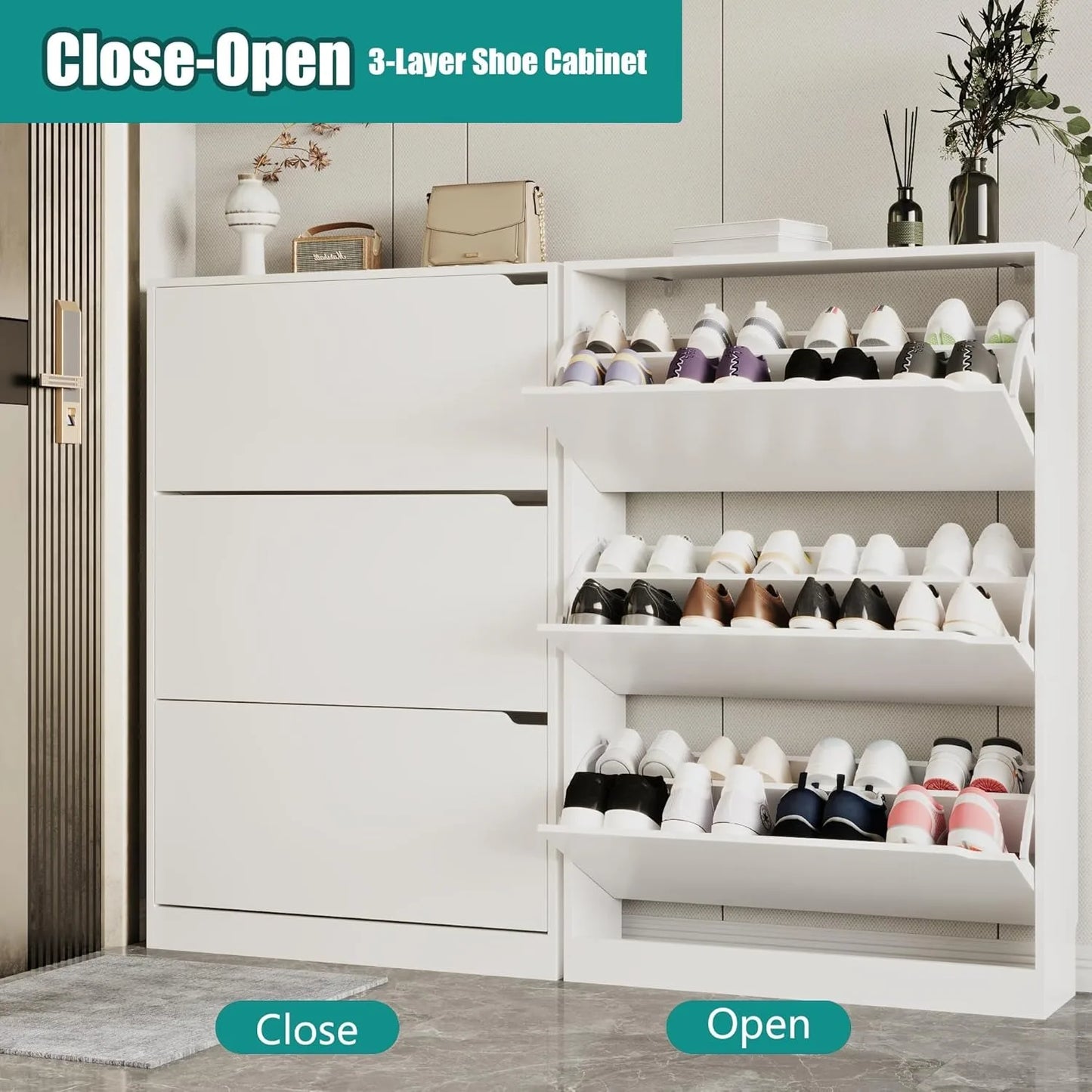 Entryway Wooden Shoe Storage Cabinet With 3 Flip Drawers