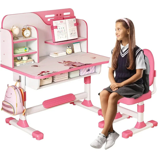 Kids Adjustable Study Table And Chair Set With Bookshelf