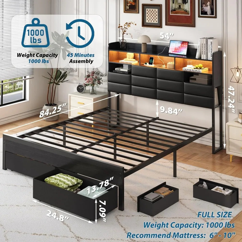 Full Upholstered Bed Frame With Storage Headboard Black 4 Drawers LED Charging