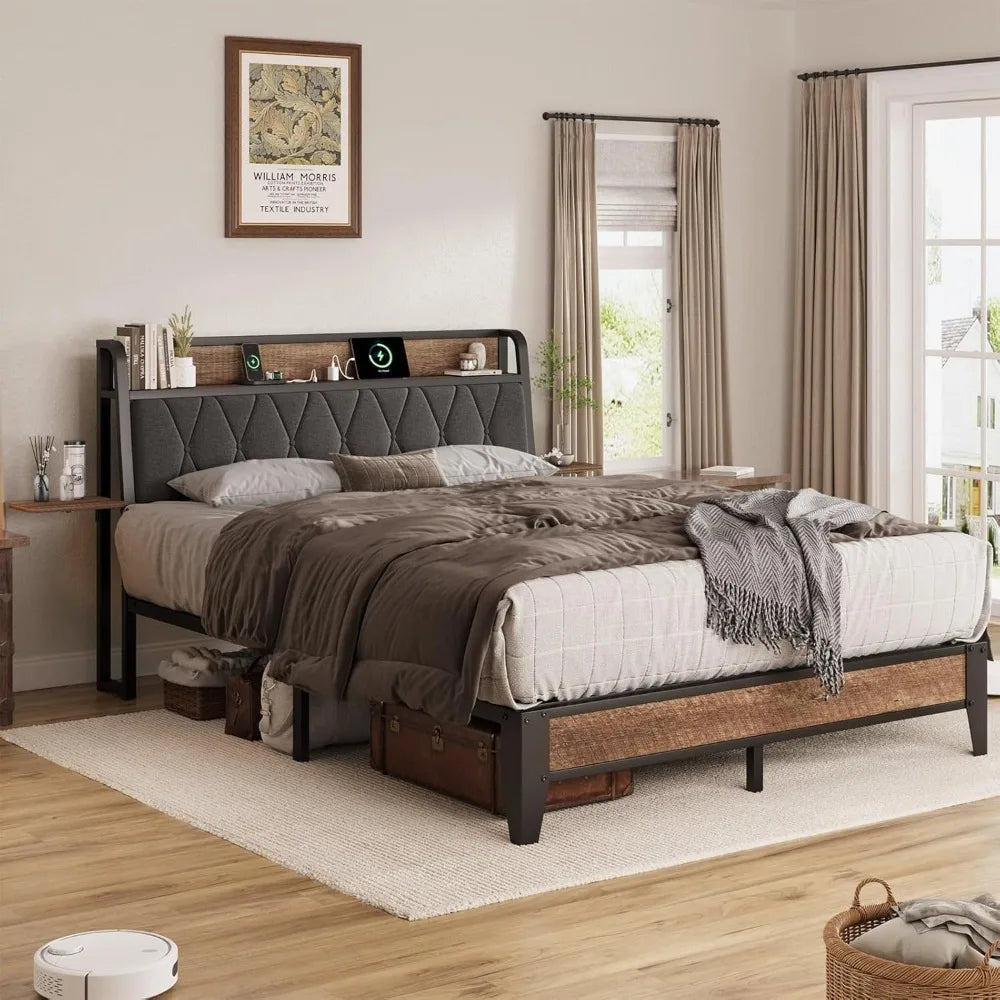 Queen Bed Frame With Ergonomic Upholstered Headboard And Charging Station