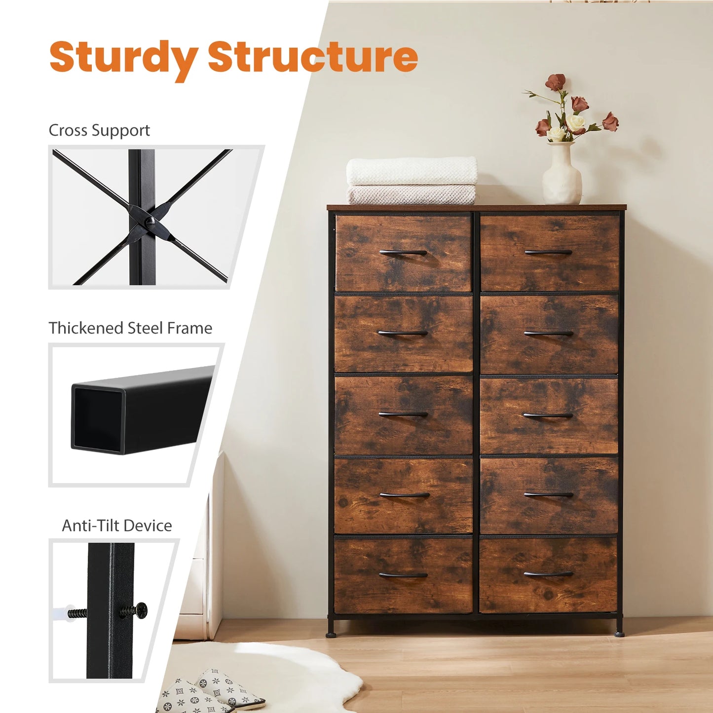 JHK Bedside Table With 10 Fabric Drawers Steel Frame